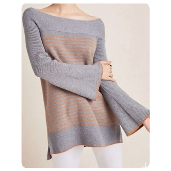 Anthropologie Sweaters - Anthropologie Elise Gray Orange Striped Tunic Long Sleeve Off The Shoulder